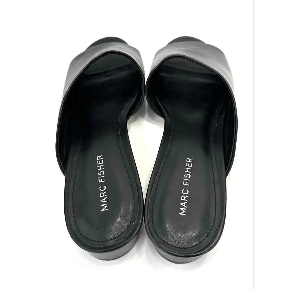 Marc Fisher Oditi Low Block Heel Sandal Size 10 Black Leather Slide Asymmetrical